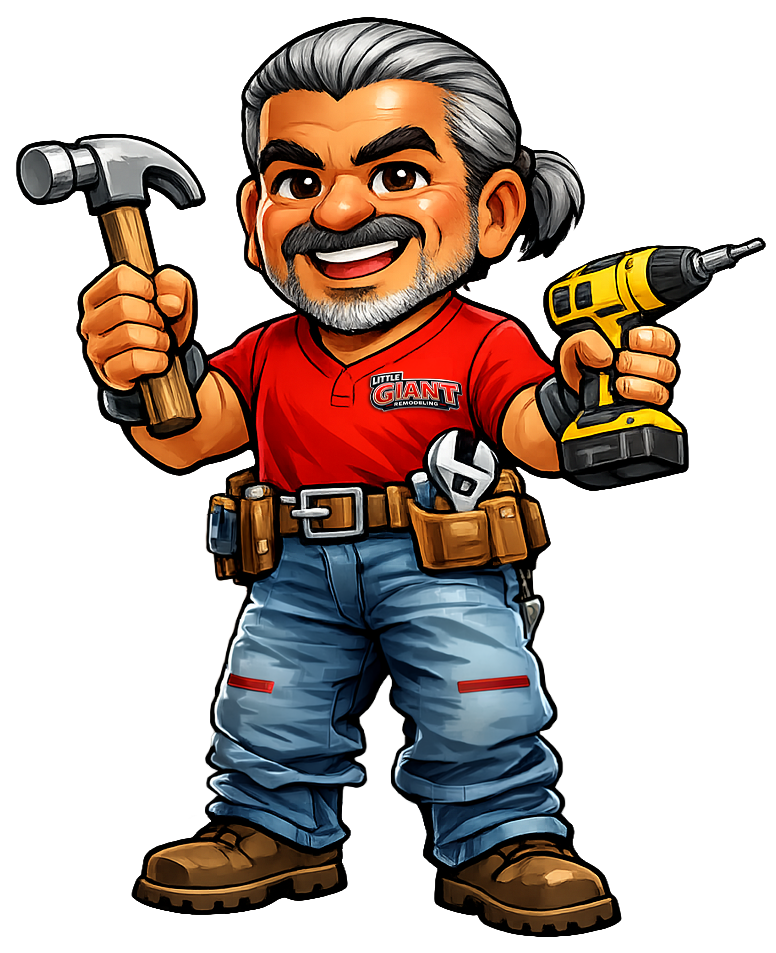 Little Giant Remodeling mascot holding tools